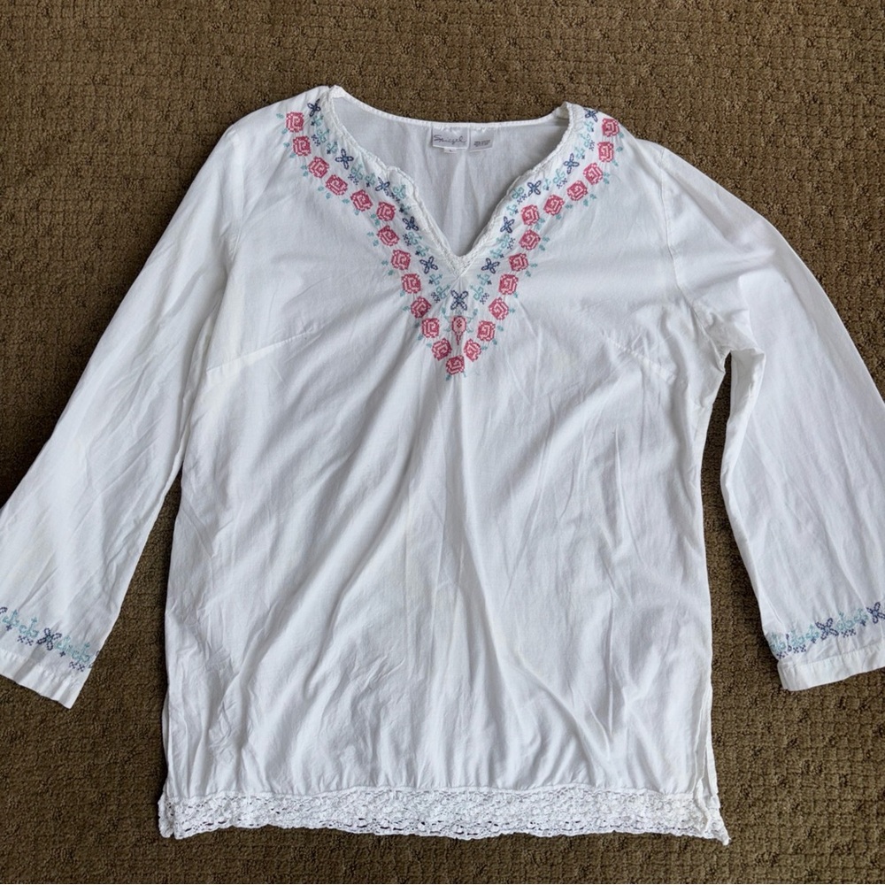 White Embroidered V-Neck Women's Top spiegel large boho tunic fun wide sleeve